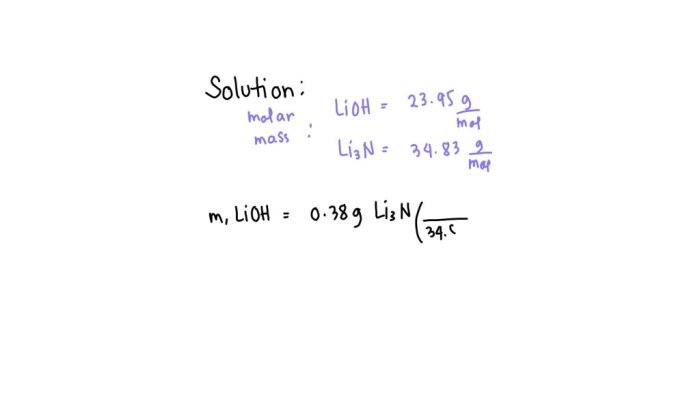 Determine the mass of lithium hydroxide produced when 0.38 g